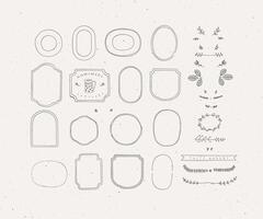 Set of frames and decor elements in handmade graphic primitive casual style on grey background. vector