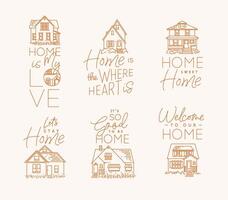 Set of house signs different forms with lettering drawing in flat style on beige background vector