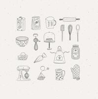 Set of kitchen bakery stuff drawing in handmade graphic primitive casual style on grey background. vector