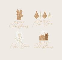Set of New Year and Christmas art deco labels with lettering drawing in modern vintage line style on beige background vector