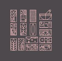 Set of creative modern art deco coffee signs in flat line style drawing on brown background. vector