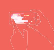 Phone in hands surfing internet drawing with thin lines on coral background vector