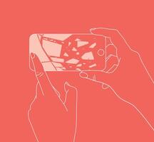 Phone in two hands with broken scattering glass drawing thin lines on coral background vector