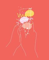 Phone in two hand messenger with friends drawing thin lines on coral background vector