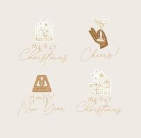 Christmas and Happy New Year art deco labels with lettering drawing in modern vintage line style on beige background vector