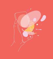 Phone in hand with multimedia symbols drawing thin lines on coral background vector