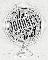 Tourist poster with lettering Your journey begins now on the globe in vintage style on old paper vector