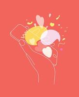 Phone in hand with love messages symbols drawing thin lines on coral background vector