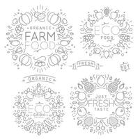 Set of flat fruits and vegetables monograms drawing with black lines on white background vector