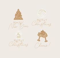 New Year and Christmas art deco labels with lettering drawing in modern vintage line style on beige background vector