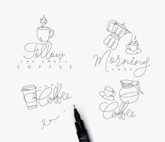 Coffee signs lines with lettering in pen hand drawing style on white background vector
