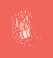 Phone in hand deleting data drawing with thin lines on coral background vector