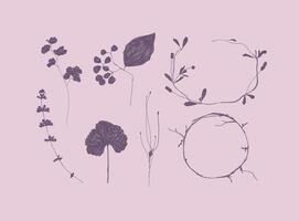 Leaves and branches silhouettes set drawing on violet background vector