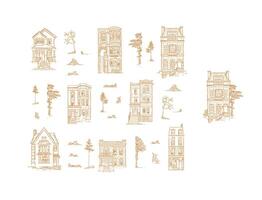 Set of houses and garden trees drawing in old fashioned vintage style. Mix your own composition. vector