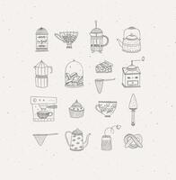 Set of kitchen equipment icon drawing in handmade graphic primitive casual style on grey background. vector