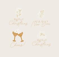 Set of Christmas and Happy New Year art deco labels with lettering drawing in modern vintage line style on beige background vector