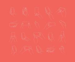 Set of hand phone in different positions and navigation drawing with thin lines on coral background. vector