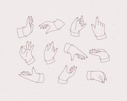 Set of renaissance hands with fingers icons in different positions drawing on light pink background vector