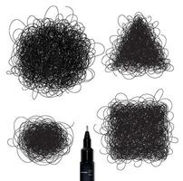 Pen drawing tangle elements circle square oval triangle with differents inscriptions drawing on paper background vector