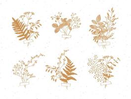 Branches and leaves are collected into a bouquet with sticker drawing in beige color on white background vector