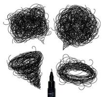 Pen drawing tangle elements chat oval tornado with different inscriptions drawing on paper background vector