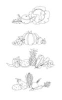 Fruits and vegetables mix illustration in pen hand drawing lines style on white background vector