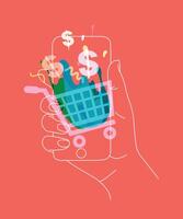 Phone in hand with online shopping symbols drawing thin lines on coral background vector