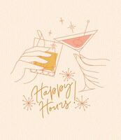 Poster clinking glasses with lettering happy hours drawing with color on beige background vector