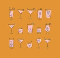Alcohol drinks and cocktails icon set in flat line style on orange background. vector