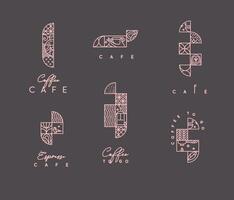 Set of creative modern art deco coffee elements in flat line style drawing on brown background. vector