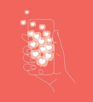 Phone in hand with many like symbols drawing thin lines on coral background vector