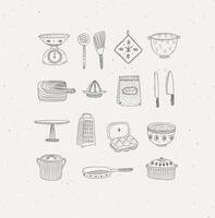 Set of kitchen tools and cooking icons drawing in handmade graphic primitive casual style on grey background. vector