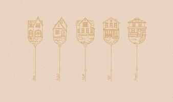 Set of house key collection in modern line style drawing on beige background. vector