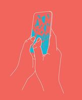 Phone breakdown in hands drawing with thin lines on coral background vector