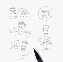 Coffee elements lines with lettering in pen hand drawing style on white background vector
