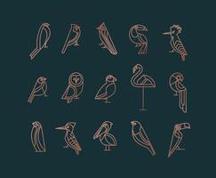 Set of bird icons in vintage art deco flat graphic style drawing on green background vector