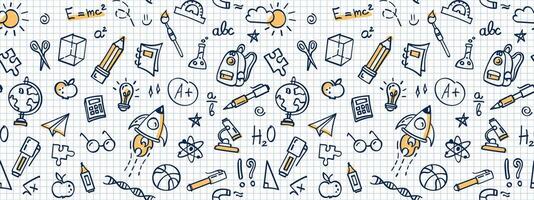 Seamless doodle back to school pattern, background. Hand drawn school supplies and creative elements on checkered background, school notebook. Texture for wallpaper, background, fabric. vector