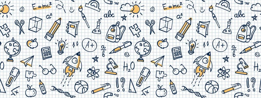 Seamless doodle back to school pattern, background. Hand drawn school supplies and creative elements on checkered background, school notebook. Texture for wallpaper, background, fabric.