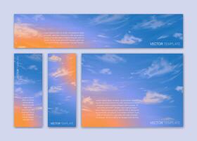 Cover set. Collection of hand drawn cards with gradient sunset sky and realistic clouds. Brochure, flyer templates vector