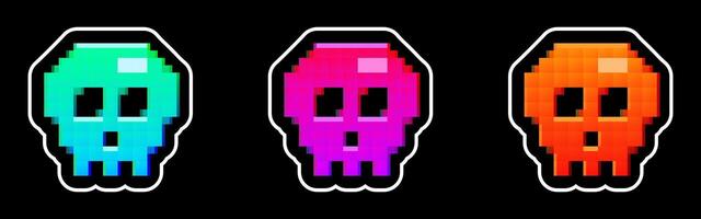 Set of pixelated skulls. Glitch effect, 8 bit retro game style icons, stickers. Blue, purple, orange gradient vector