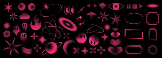 Set of halftone retro elements. Design collection, pixelated, y2k style. Stars, frames, arrows, hearts icons and other creative elements. Pink colored vector