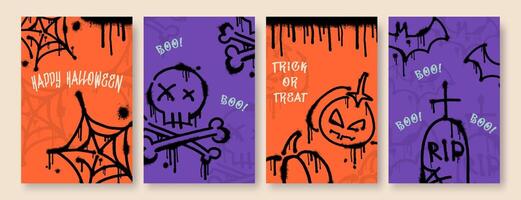 Set of halloween posters with grunge graffiti elements. Cover templates with spider web, skull, pumpkin, grave and bats. Artistic ink leaks and stains. vector