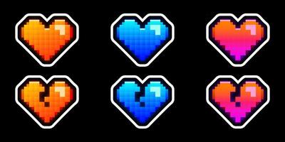 Set of pixelated hearts, orange, blue, pink gradient, 8 bit retro game style icons, stickers vector