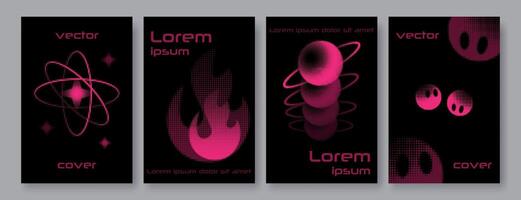 Retro pixelated style cover set. Collection of cards with creative halftone y2k elements. Pink halftone on black background. Stars, fire, planet, faces vector