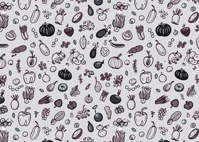 Seamless pattern with hand drawn fruits and vegetables on gray background vector