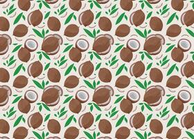 Seamless pattern with macadamia nuts. illustration of half and full coconuts with leaves nature background. vector