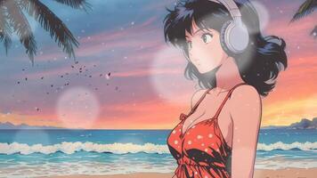 ein stilisiert Illustration von ein Frauen Stehen auf ein Strand, mit Wellen, Palme Blätter, und ein klar Himmel im das Hintergrund. das Szene weckt ein Sinn von Ruhe und tropisch Stimmung video