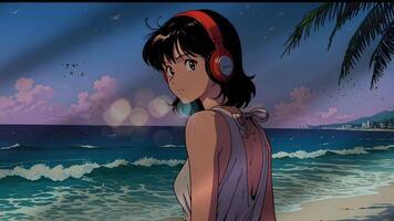 A stylized illustration of a women standing on a beach, with waves, palm leaves, and a clear sky in the background. The scene evokes a sense of tranquility and tropical vibes video