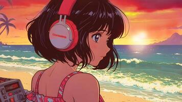 un estilizado ilustración de un mujer en pie en un playa, con ondas, palma hojas, y un claro cielo en el antecedentes. el escena evoca un sentido de tranquilidad y tropical vibraciones video