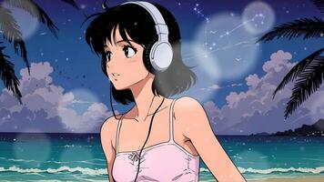 A stylized illustration of a women standing on a beach, with waves, palm leaves, and a clear sky in the background. The scene evokes a sense of tranquility and tropical vibes video